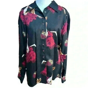 British Khaki equestrian button down blouse black, gold & red with horses size 8